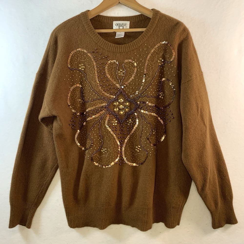 VTG 90s Cervelle Womens Wool Angora Embellished Sweater Large Brown Whimsigoth